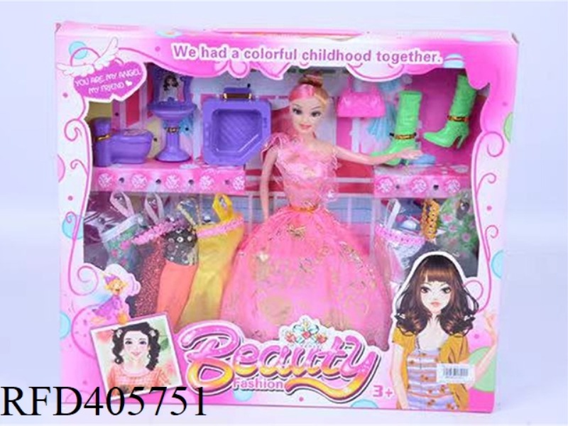 11.5-INCH MULTI-JOINT SOLID EVENING BARBIE DOLL COLOR BOX WITH TOILET BATHROOM/BAG/BOOTS/CLOTHING