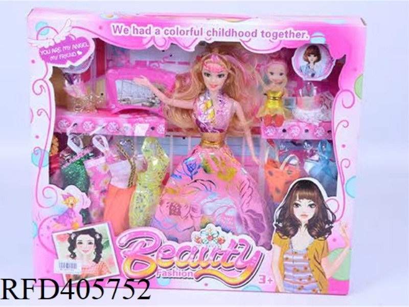 11.5 INCH MULTI-JOINT SOLID EVENING BARBIE DOLL COLOR BOX WITH TV/LITTLE BARBIE/CLOTHING