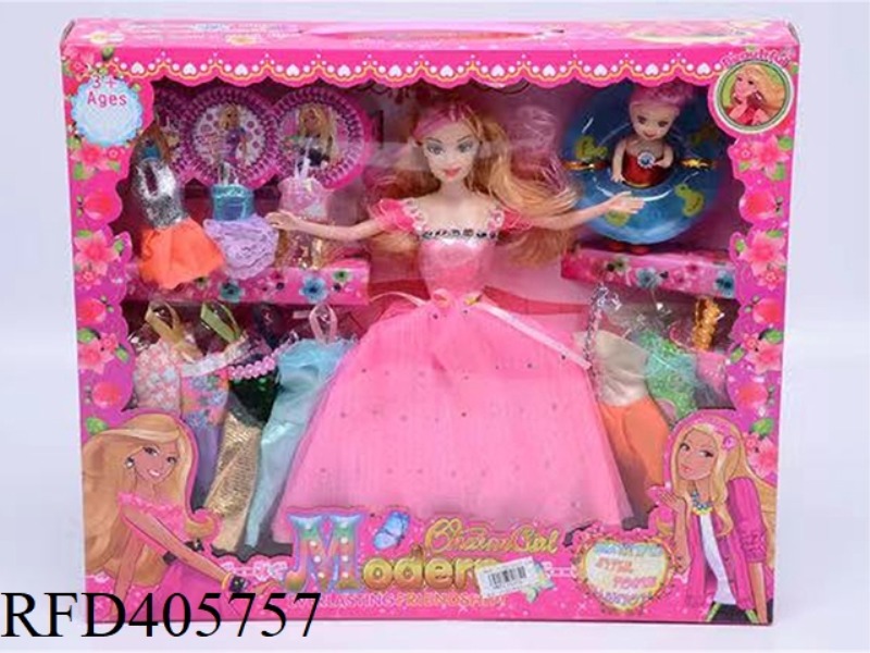 11.5 INCH MULTI-JOINT SOLID EVENING BARBIE DOLL COLOR BOX WITH SMALL BARBIE WEARING SWIMMING RING/CL