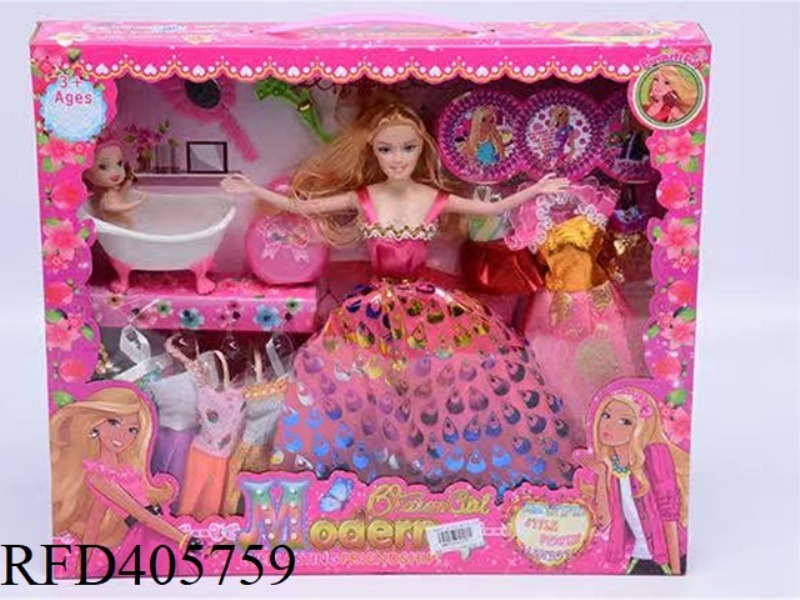11.5-INCH MULTI-JOINT SOLID EVENING BARBIE DOLL COLOR BOX WITH SMALL BARBIE/BATHTUB/COMB MIRROR/SHOW