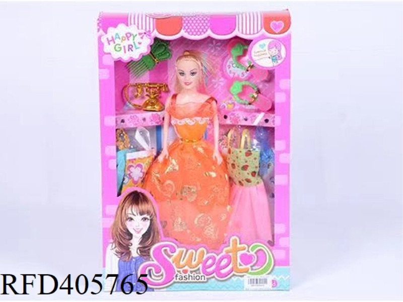 11.5 INCH MULTI-JOINT SOLID EVENING BARBIE DOLL COLOR BOX WITH PHONE/CROWN COMB/SLIPPERS/CLOTHING