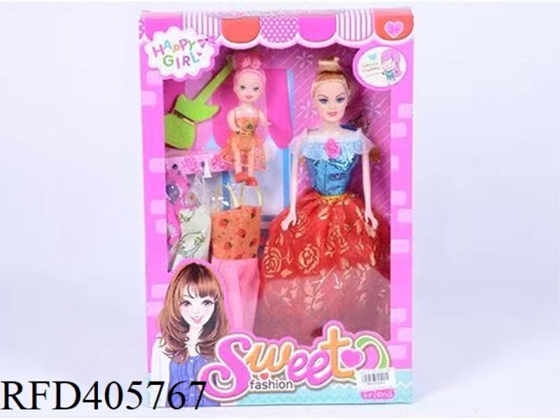 11.5 INCH SOLID EVENING BARBIE DOLL COLOR BOX WITH GUITAR/LITTLE BARBIE/CLOTHING