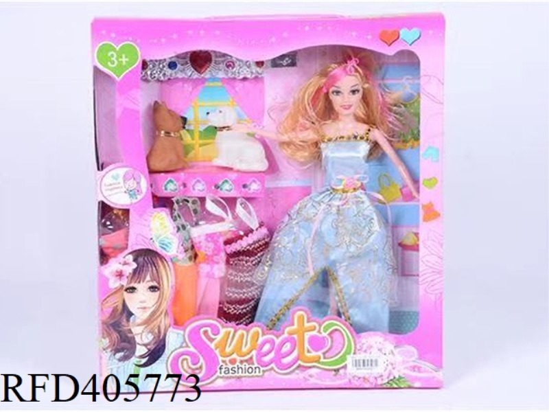 11.5-INCH MULTI-JOINT SOLID EVENING BARBIE DOLL COLOR BOX WITH 2 PUPPIES/JEWELRY ACCESSORIES/CLOTHIN