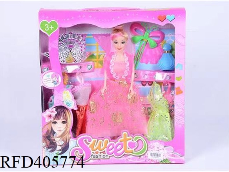 11.5 INCH MULTI-JOINT SOLID EVENING BARBIE DOLL COLOR BOX WITH PEACOCK CROWN/PERFUME BOTTLE/DRAGONFL