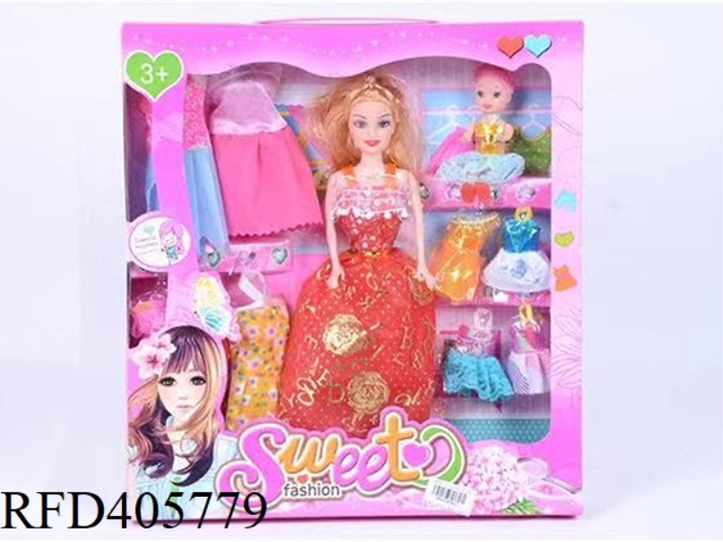 11.5 INCH MULTI-JOINT SOLID EVENING BARBIE DOLL COLOR BOX WITH LITTLE BARBIE/CLOTHING