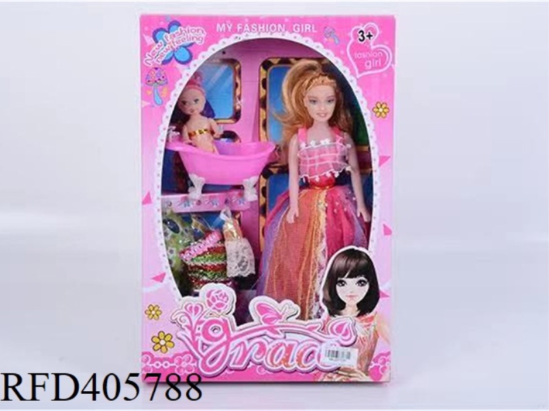 11.5 INCH MULTI-JOINT SOLID EVENING BARBIE DOLL COLOR BOX WITH SMALL BARBIE/BATHTUB/CLOTHING