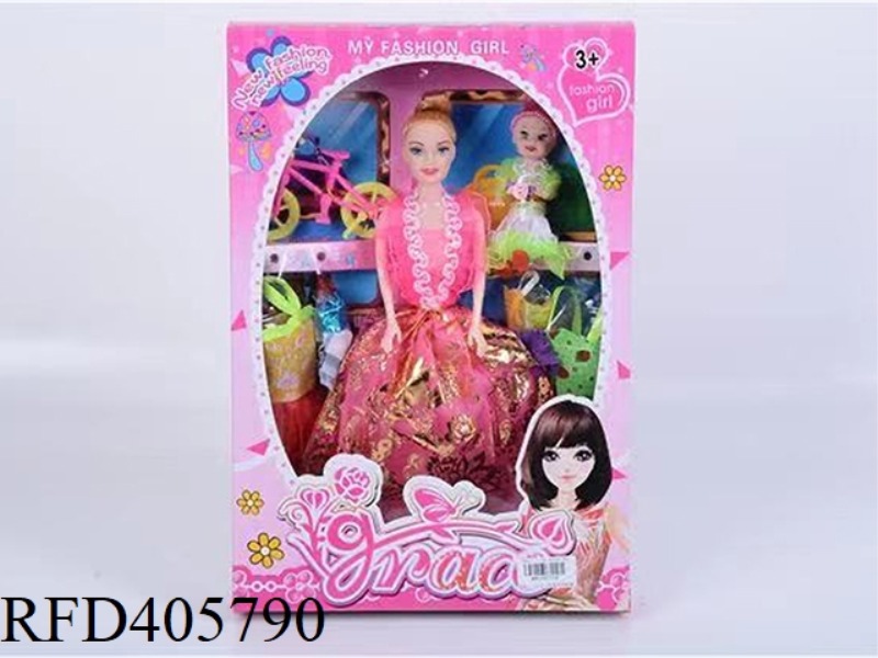 11.5 INCH MULTI-JOINT SOLID EVENING BARBIE DOLL COLOR BOX WITH BICYCLE/LITTLE BARBIE/CLOTHING