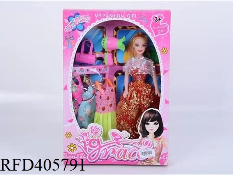 11.5-INCH MULTI-JOINT HOLLOW EVENING BARBIE DOLL COLOR BOX WITH BAG/HAIR DRYER/CLOTHING