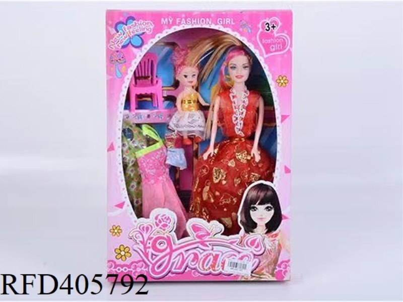 11.5 INCH MULTI-JOINT SOLID EVENING BARBIE DOLL COLOR BOX WITH CHAIR/LITTLE BARBIE/CLOTHING