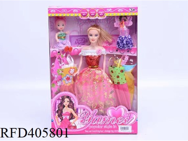 11.5 INCH MULTI-JOINT SOLID EVENING BARBIE DOLL COLOR BOX WITH LITTLE BARBIE/CLOTHING