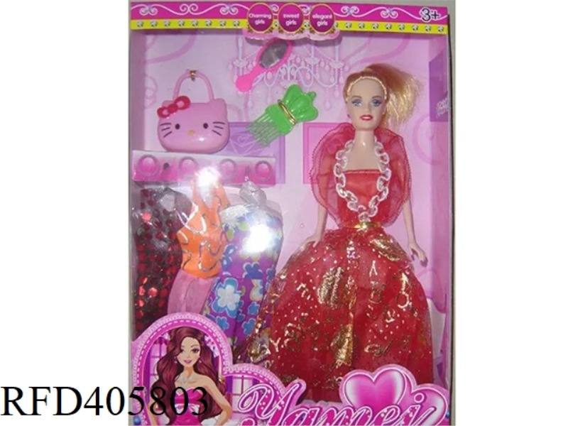 11.5-INCH MULTI-JOINT HOLLOW EVENING BARBIE DOLL COLOR BOX WITH HELLOKITTY BAG/COMB MIRROR/CLOTHING