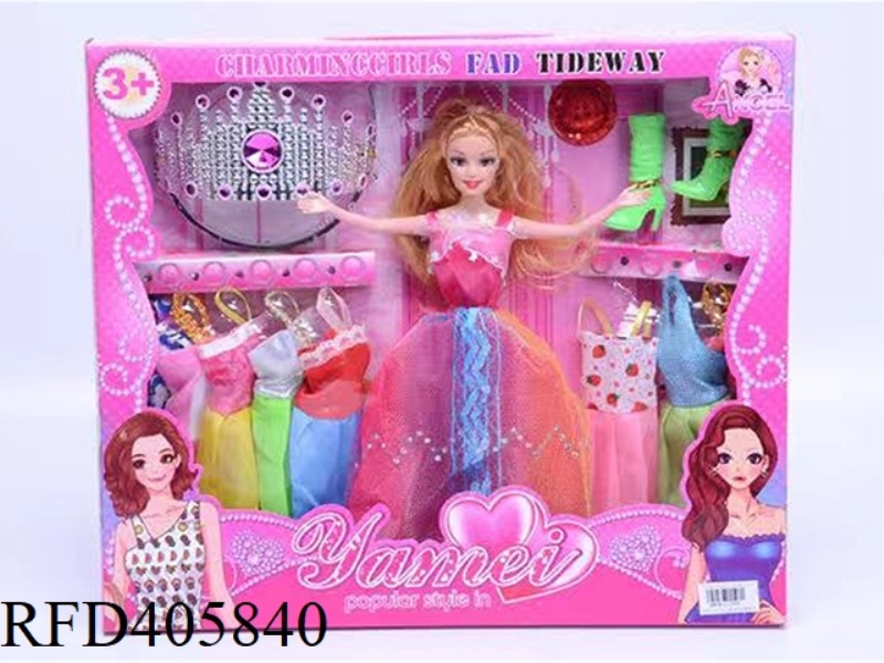 11.5-INCH MULTI-JOINT SOLID EVENING BARBIE DOLL COLOR BOX WITH CROWN/DANCE CAP/LONG BOOTS/CLOTHING