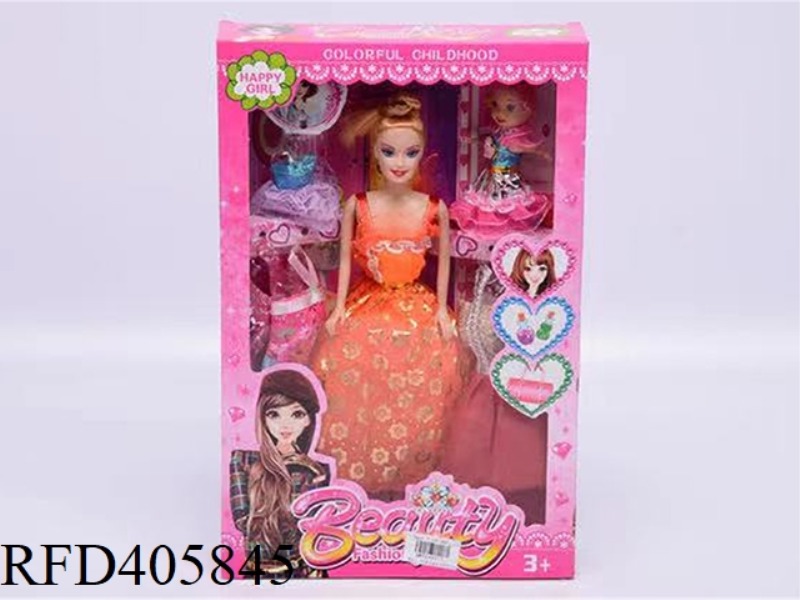 11.5 INCH MULTI-JOINT SOLID EVENING BARBIE DOLL COLOR BOX WITH LITTLE BARBIE/CLOTHING
