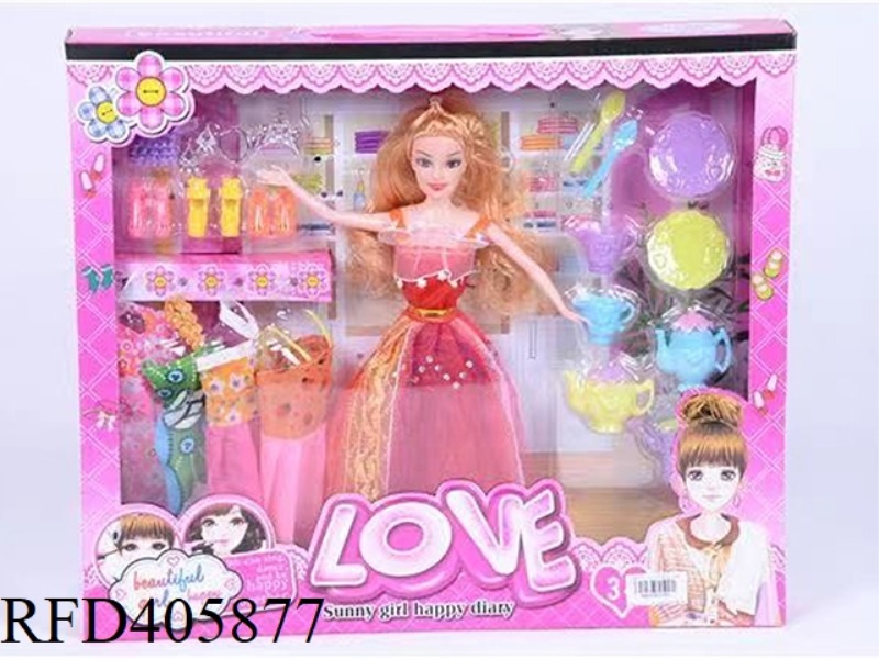 11.5-INCH MULTI-JOINT SOLID EVENING BARBIE DOLL COLOR BOX WITH BAG, SHOE ACCESSORY SET/TEA SET/CLOTH