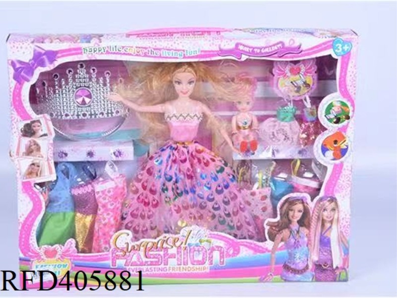11.5 INCH MULTI-JOINT SOLID EVENING BARBIE DOLL COLOR BOX WITH LITTLE BARBIE/CROWN/CLOTHING