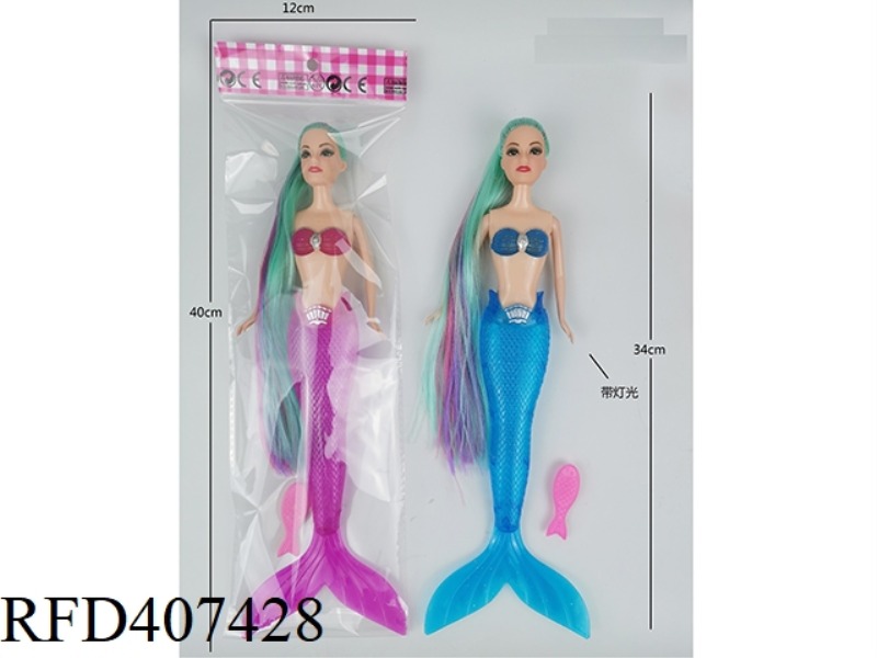 11 INCH SOLID BODY WITH LIGHT AND COLORFUL LONG HAIR MERMAID BARBIE DOLL WITH SMALL FISH COMB