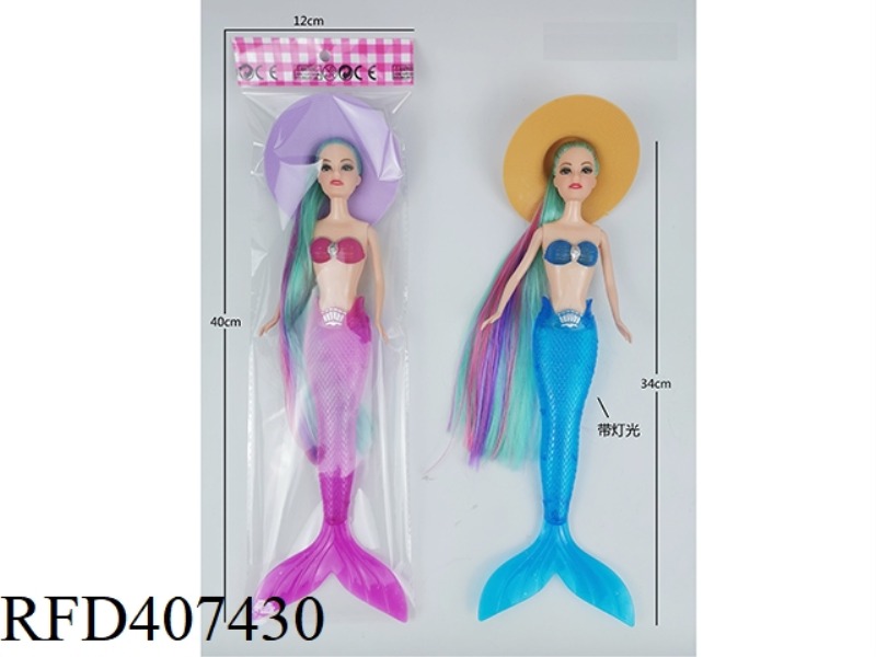 11 INCH SOLID BODY WITH LIGHTS AND COLORFUL LONG HAIR MERMAID BARBIE PLUS BEACH HAT