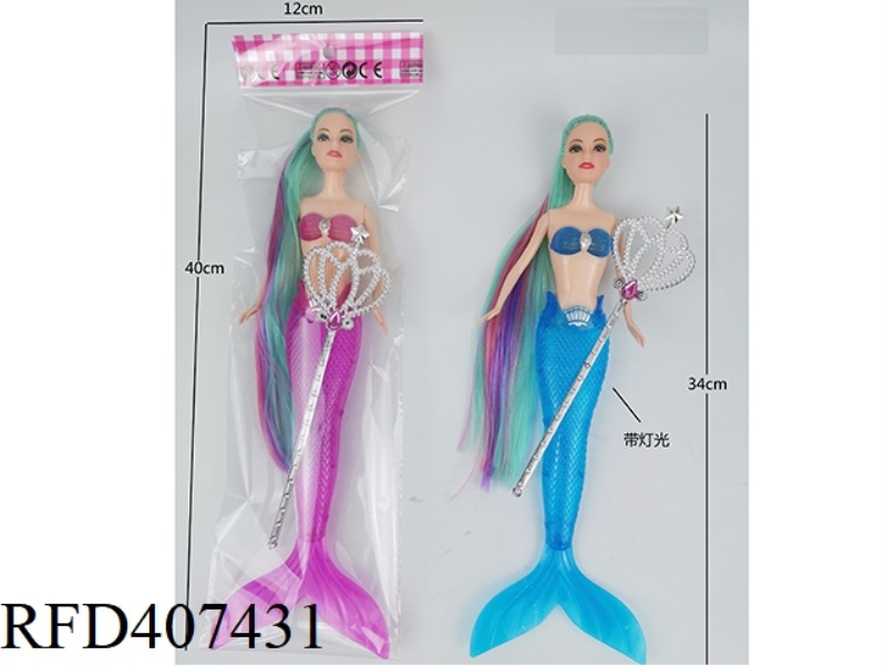 11 INCH SOLID BODY WITH LIGHTS AND COLORFUL LONG HAIR MERMAID BARBIE DOLL WITH MAGIC WAND