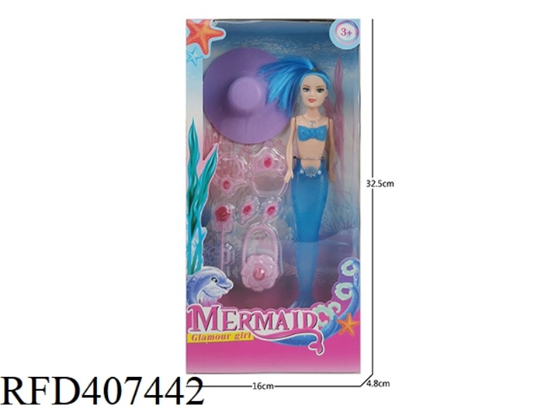 9 INCH SOLID MERMAID (WITH LIGHT) PLUS BEACH HAT PLUS STAFF NECKLACE CROWN BLISTER