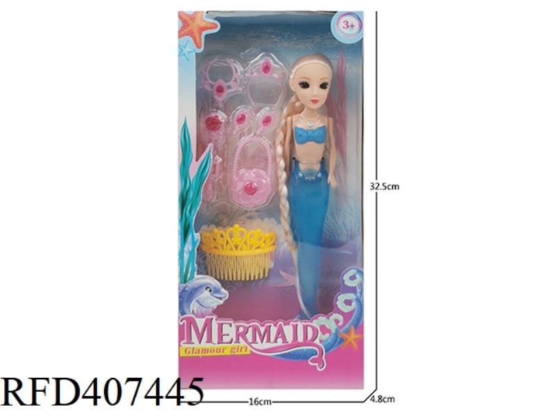 9 INCH SOLID BODY 3D EYE LONG BRAID MERMAID (WITH LIGHT) PLUS STAFF NECKLACE CROWN BLISTER PLUS COMB