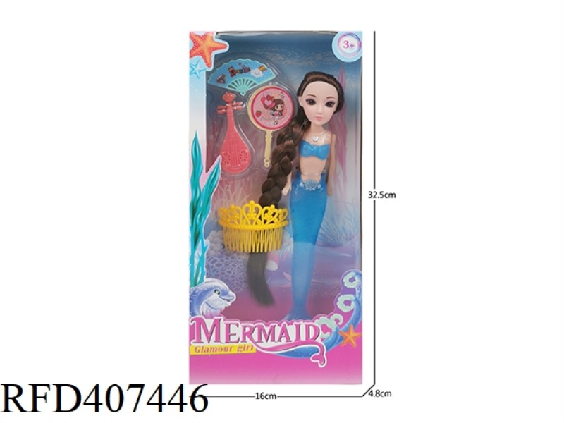 9 INCH SOLID BODY 3D EYE LONG BRAID MERMAID (WITH LIGHT) PLUS FAN, PIPA, BLISTER AND COMB