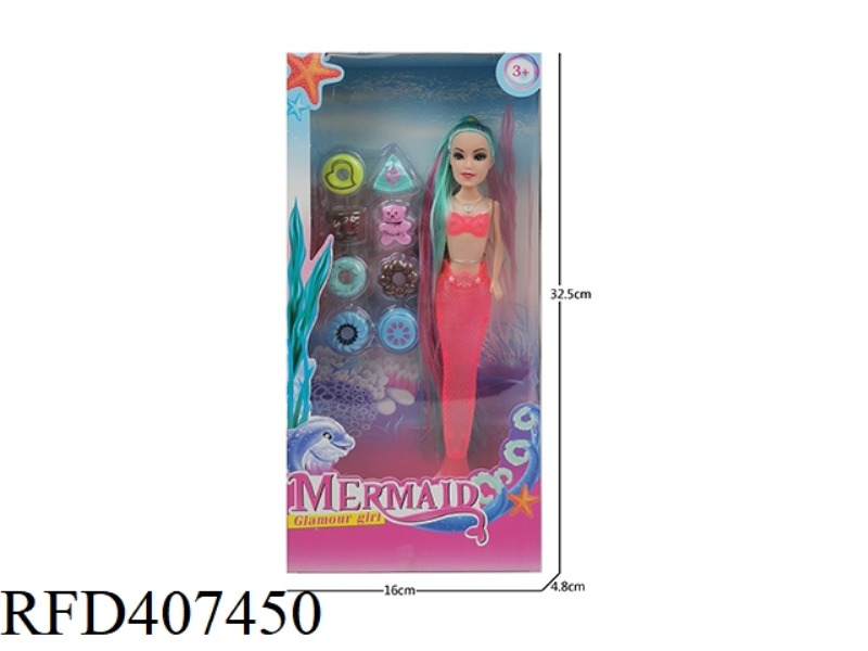 9 INCH SOLID BODY COLORFUL LONG-HAIRED MERMAID (WITH LIGHT) PLUS DONUT DESSERT BLISTER