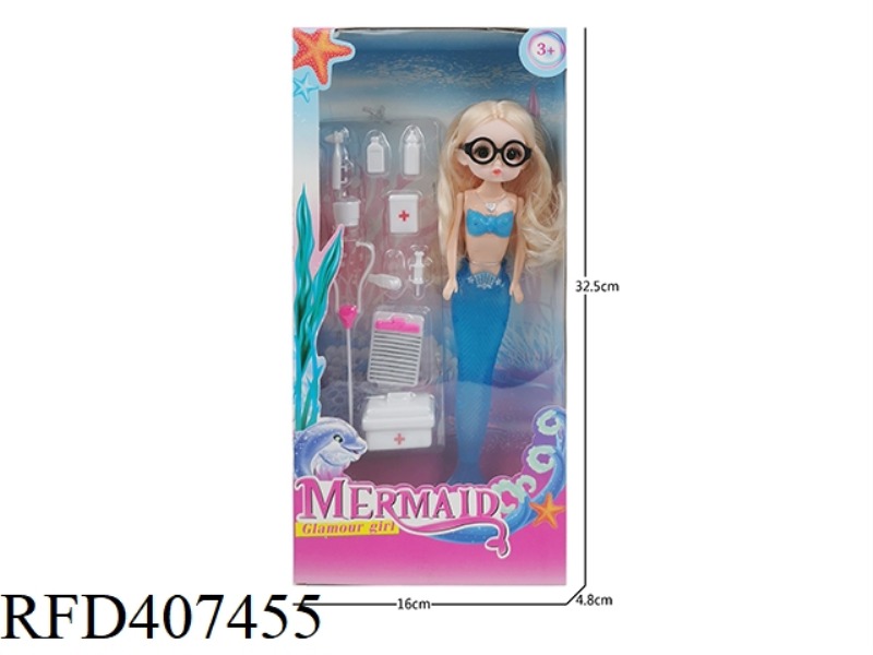 9 INCH REAL NURSE MERMAID 3D EYE CUTE BABY (WITH LIGHT) PLUS MEDICAL TOOLS, BLISTER AND GLASSES