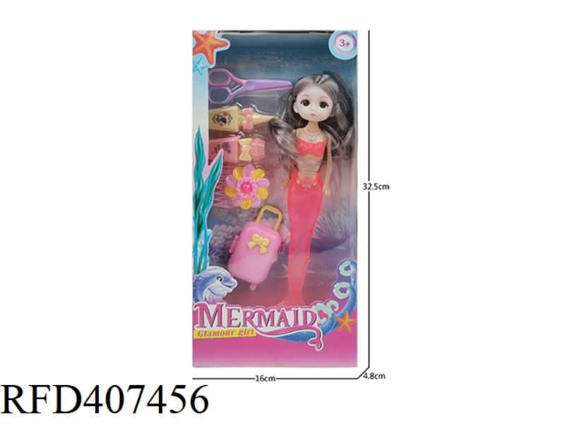 9 INCH SOLID BODY 3D EYE CUTE BABY MERMAID (WITH LIGHT) PLUS TOILETRY TOOLS, BLISTER AND LUGGAGE