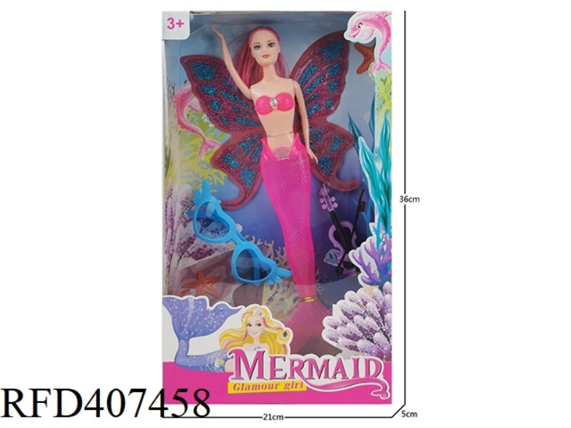 11 INCH SOLID BODY MERMAID WITH WINGS (WITH LIGHTS) BARBIE DOLL PLUS GLASSES PLUS VIOLIN
