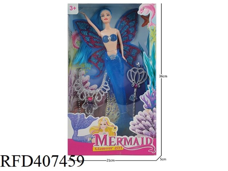 11 INCH SOLID BODY MERMAID WITH WINGS AND LONG HAIR (WITH LIGHT) BARBIE DOLL PLUS NECKLACE PLUS MAGI