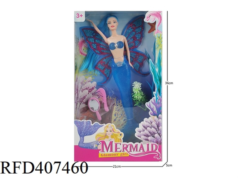 11 INCH SOLID BODY WITH WINGS AND LONG HAIR MERMAID (WITH LIGHT) BARBIE DOLL PLUS COMB MIRROR BLISTE
