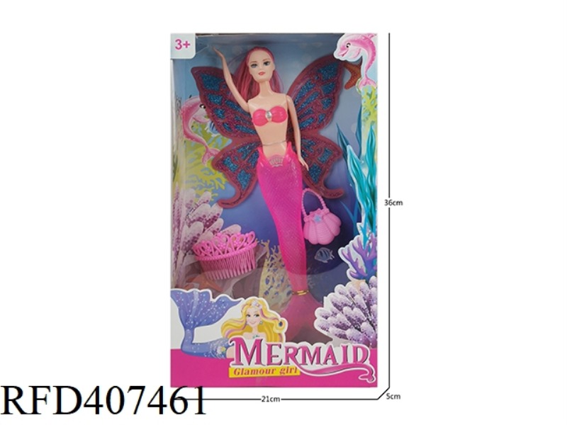 11 INCH SOLID BODY MERMAID WITH WINGS (WITH LIGHT) BARBIE DOLL PLUS COMB PLUS BAG