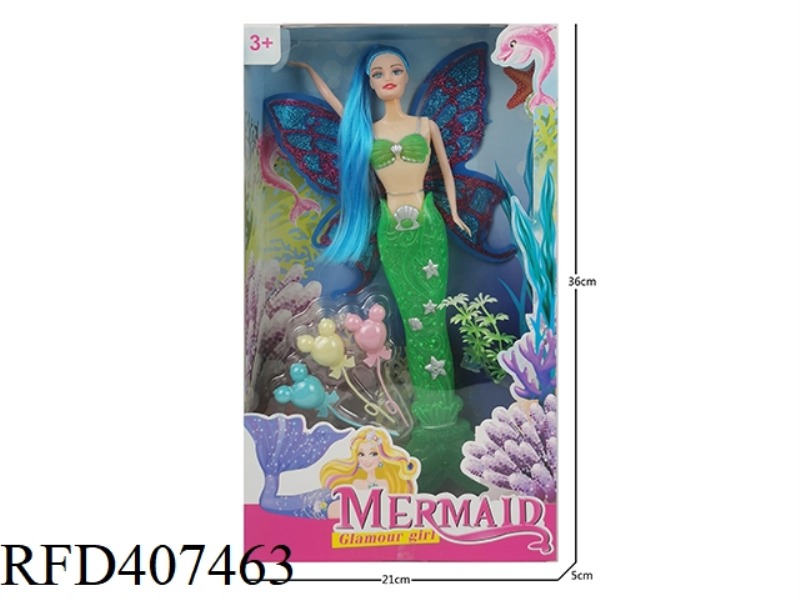 11 INCH SOLID BODY MERMAID WITH WINGS AND LONG HAIR (WITH LIGHTS) BARBIE DOLL PLUS BALLOON BLISTER P