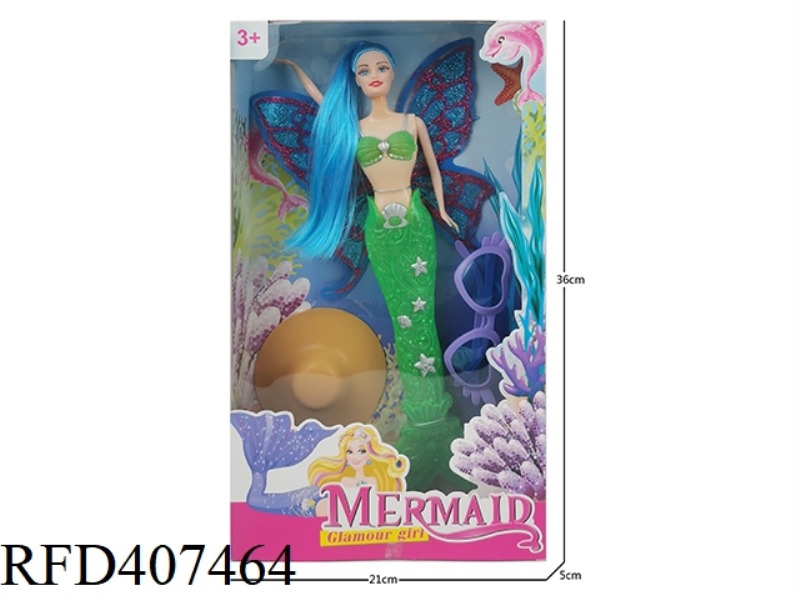 11 INCH SOLID BODY MERMAID WITH WINGS AND LONG HAIR (WITH LIGHT) BARBIE DOLL PLUS BEACH HAT AND GLAS