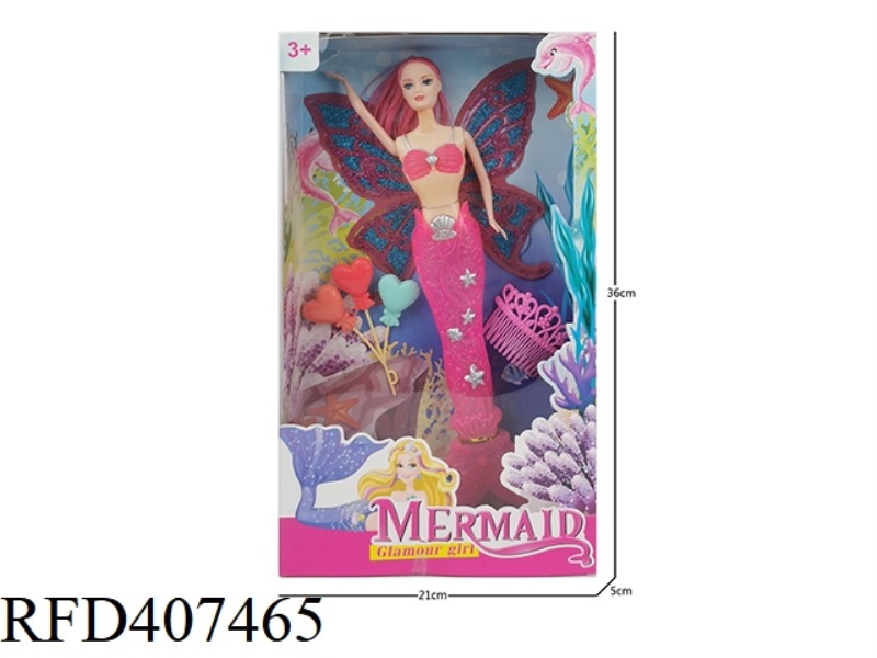 11 INCH SOLID BODY MERMAID WITH WINGS (WITH LIGHT) BARBIE DOLL PLUS COMB PLUS BALLOON