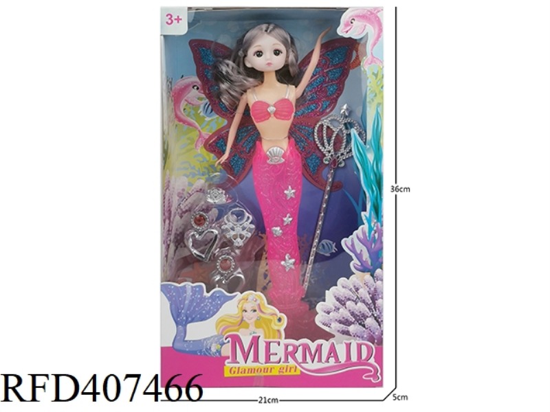 11 INCH SOLID BODY WITH WINGS 3D EYES CUTE BABY MERMAID (WITH LIGHTS) PLUS EARRINGS NECKLACE CROWN B