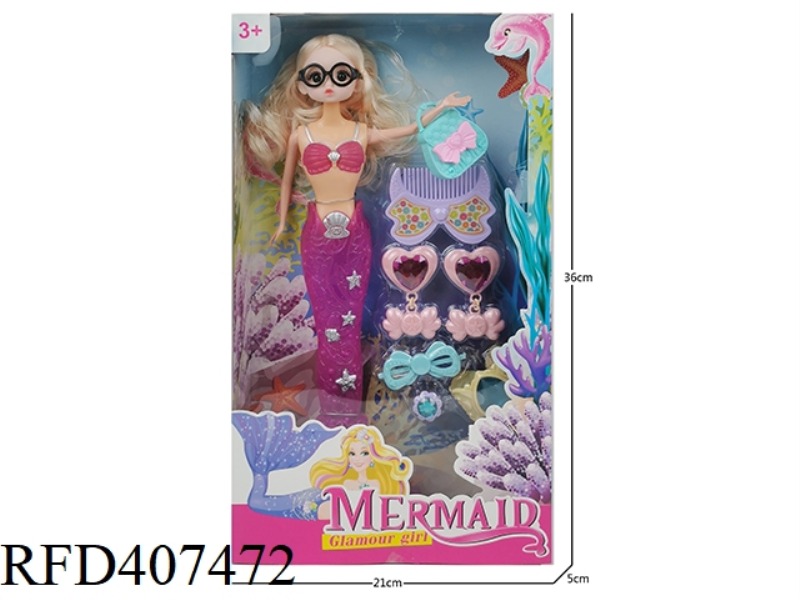 11 INCH SOLID BODY 3D EYE CUTE BABY MERMAID (WITH LIGHT) PLUS BAG PLUS DECORATIVE TOOLS, BLISTER AND