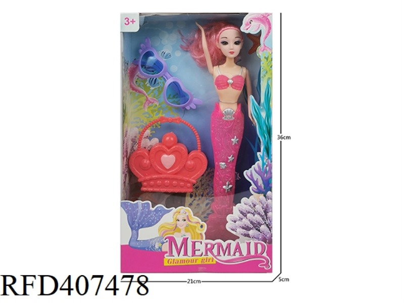 11 INCH SOLID BODY 3D EYE MERMAID (WITH LIGHT) BARBIE DOLL PLUS CROWN BAG PLUS GLASSES
