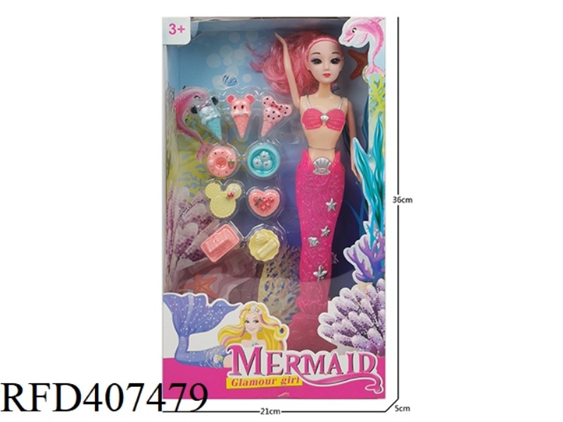 11 INCH SOLID BODY 3D EYE MERMAID (WITH LIGHT) BARBIE DOLL PLUS DONUT DESSERT BLISTER