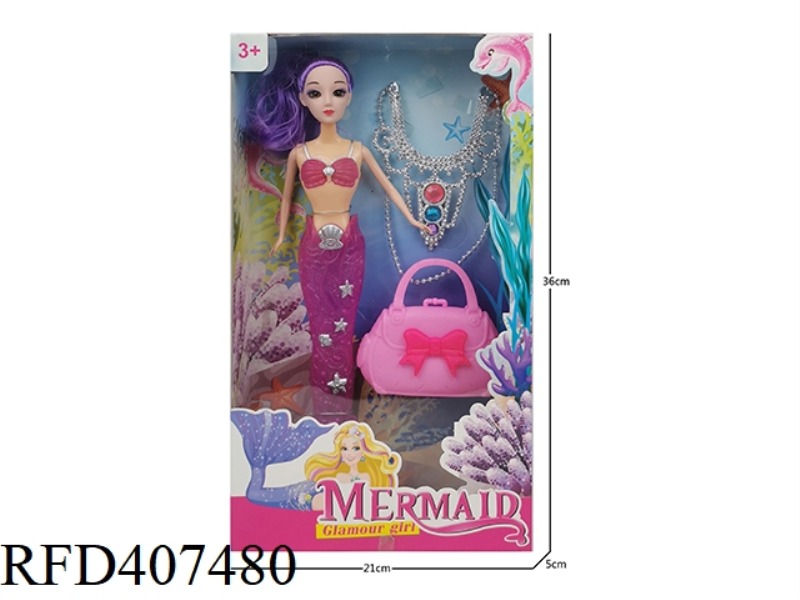 11 INCH SOLID BODY 3D EYE MERMAID (WITH LIGHT) BARBIE DOLL PLUS NECKLACE PLUS BAG