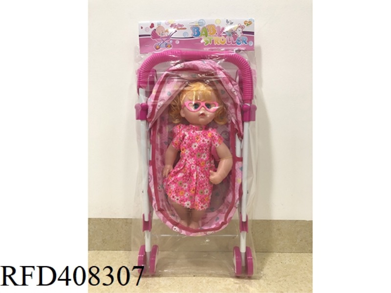 WHITE IRON CART WITH 14 INCH EYES FEMALE DOLL