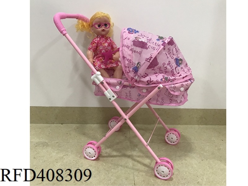 PINK IRON CART WITH 14 INCH FEMALE DOLL