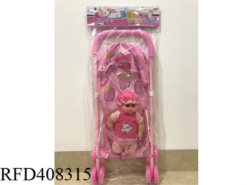 LIGHT RED IRON CART WITH 12 INCH BOY DOLL