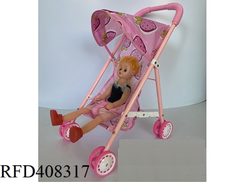 LIGHT RED IRON CART WITH 16 INCH DOLL