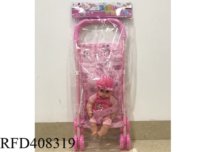 LIGHT RED IRON CART WITH 12 INCH BOY DOLL