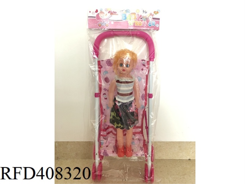 WHITE IRON CART WITH 14 INCH EYES DOLL