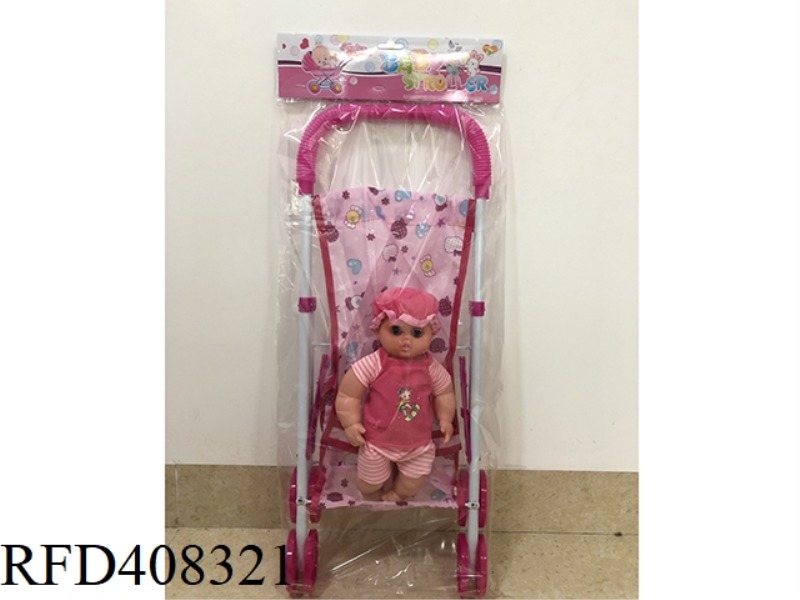 WHITE IRON CART WITH 12 INCH BOY DOLL