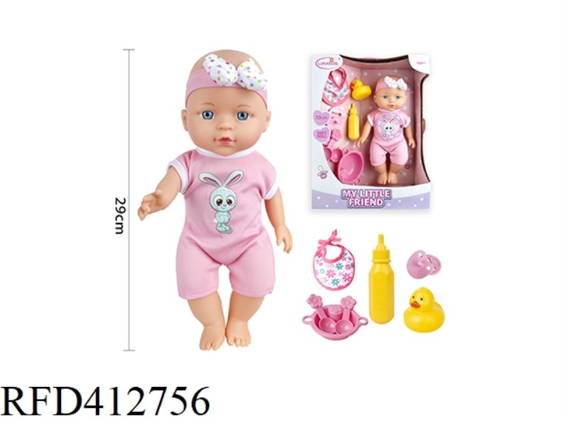 13 INCH FULL ENAMEL DOLL, WITH DUCK, YELLOW BABY BOTTLE, PACIFIER, TABLEWARE, SALIVA TOWEL, WITH 4 V