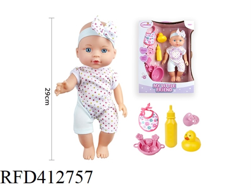 13 INCH FULL ENAMEL DOLL, WITH DUCK, YELLOW BABY BOTTLE, PACIFIER, TABLEWARE, SALIVA TOWEL, WITH 4 V