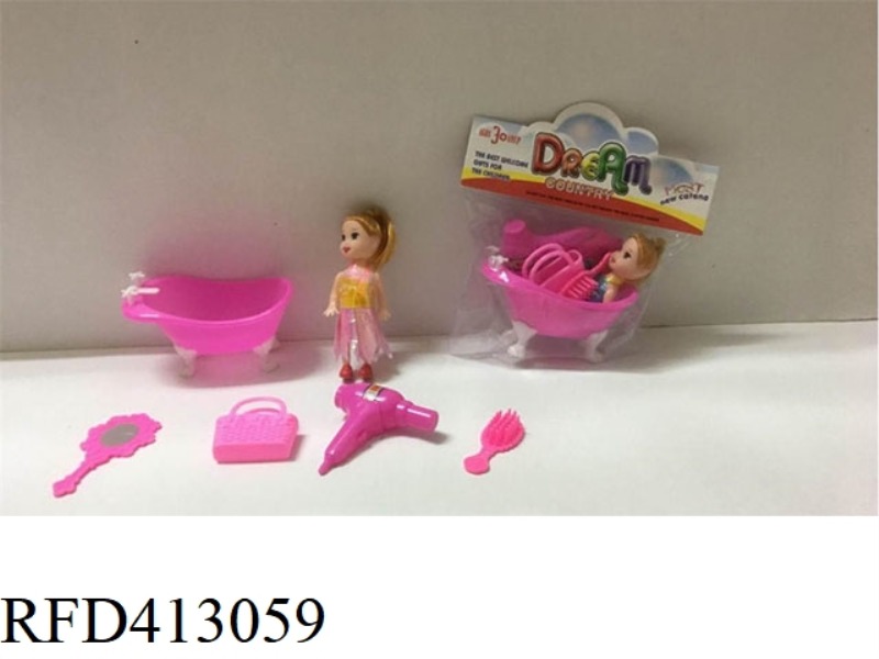 3 INCH SMALL BARBIE WITH BATH MIRROR COMB BAG HAIR DRYER